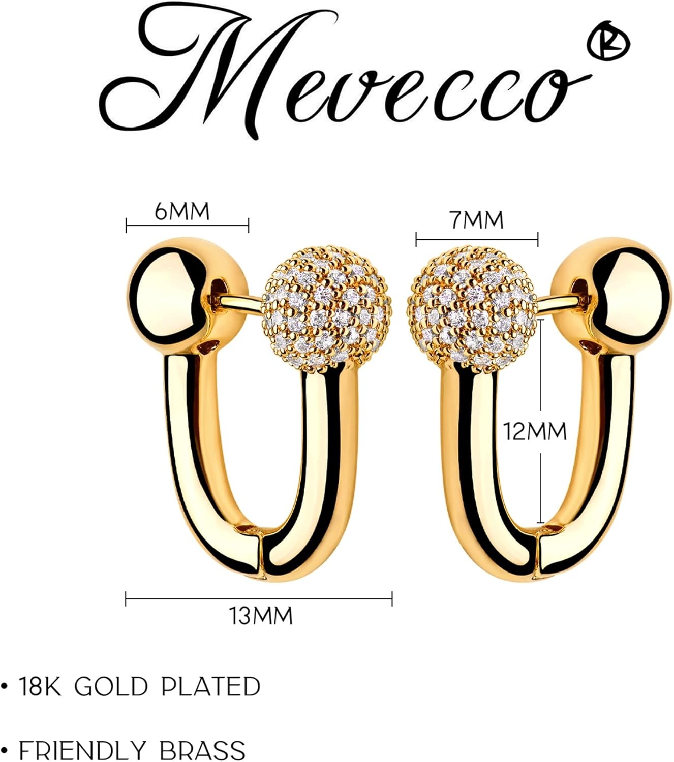 image:imageMEVECCO Gold U Huggie Hoop Earrings 18K Gold Plated Cubic Zircon Ball Hoop Earrings Minimalist Handmade Earrings for Women