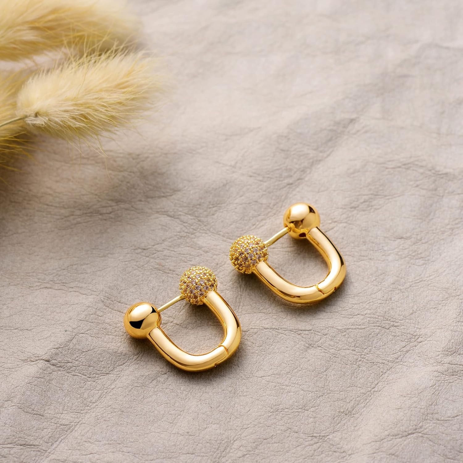 image:imageMEVECCO Gold U Huggie Hoop Earrings 18K Gold Plated Cubic Zircon Ball Hoop Earrings Minimalist Handmade Earrings for Women