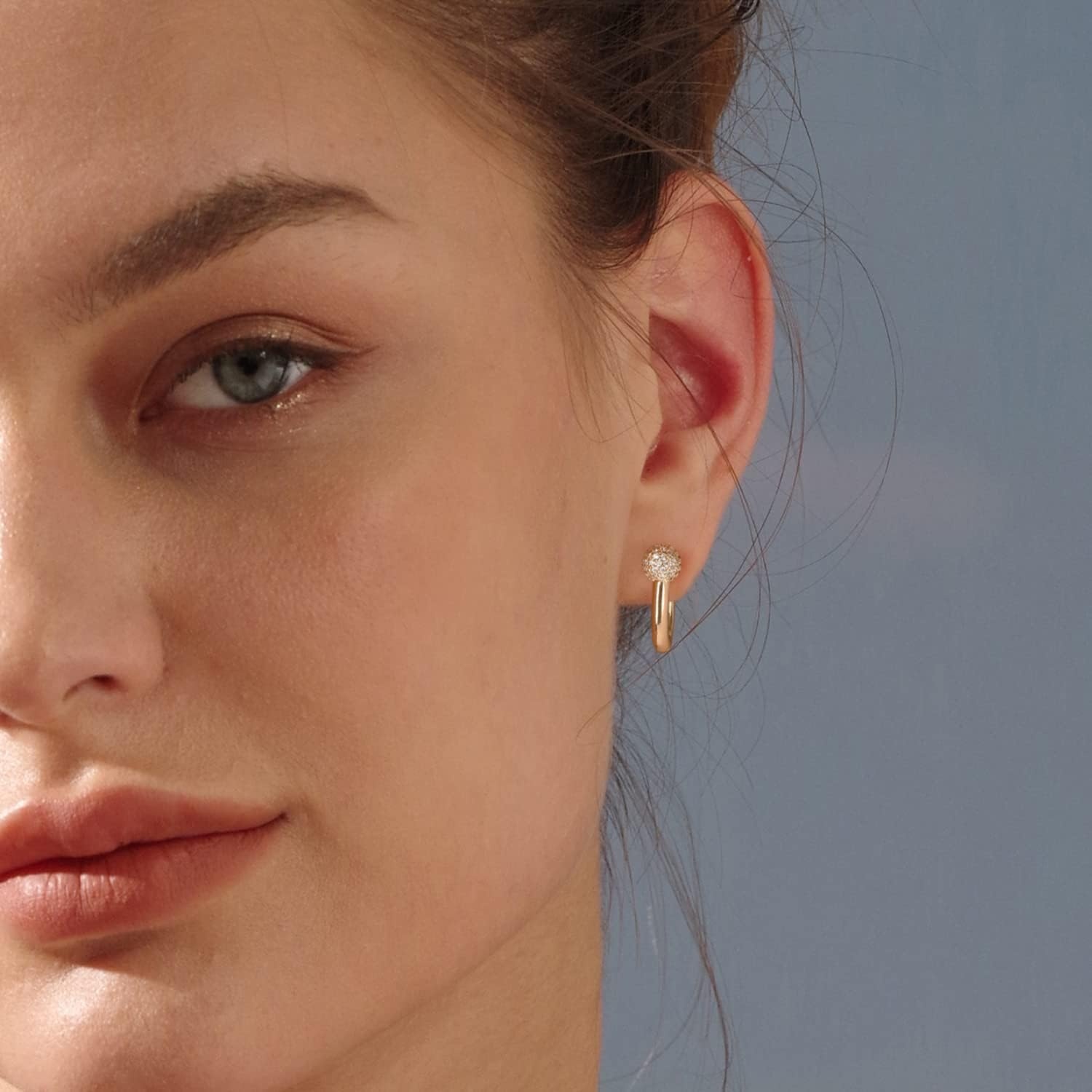 image:imageMEVECCO Gold U Huggie Hoop Earrings 18K Gold Plated Cubic Zircon Ball Hoop Earrings Minimalist Handmade Earrings for Women