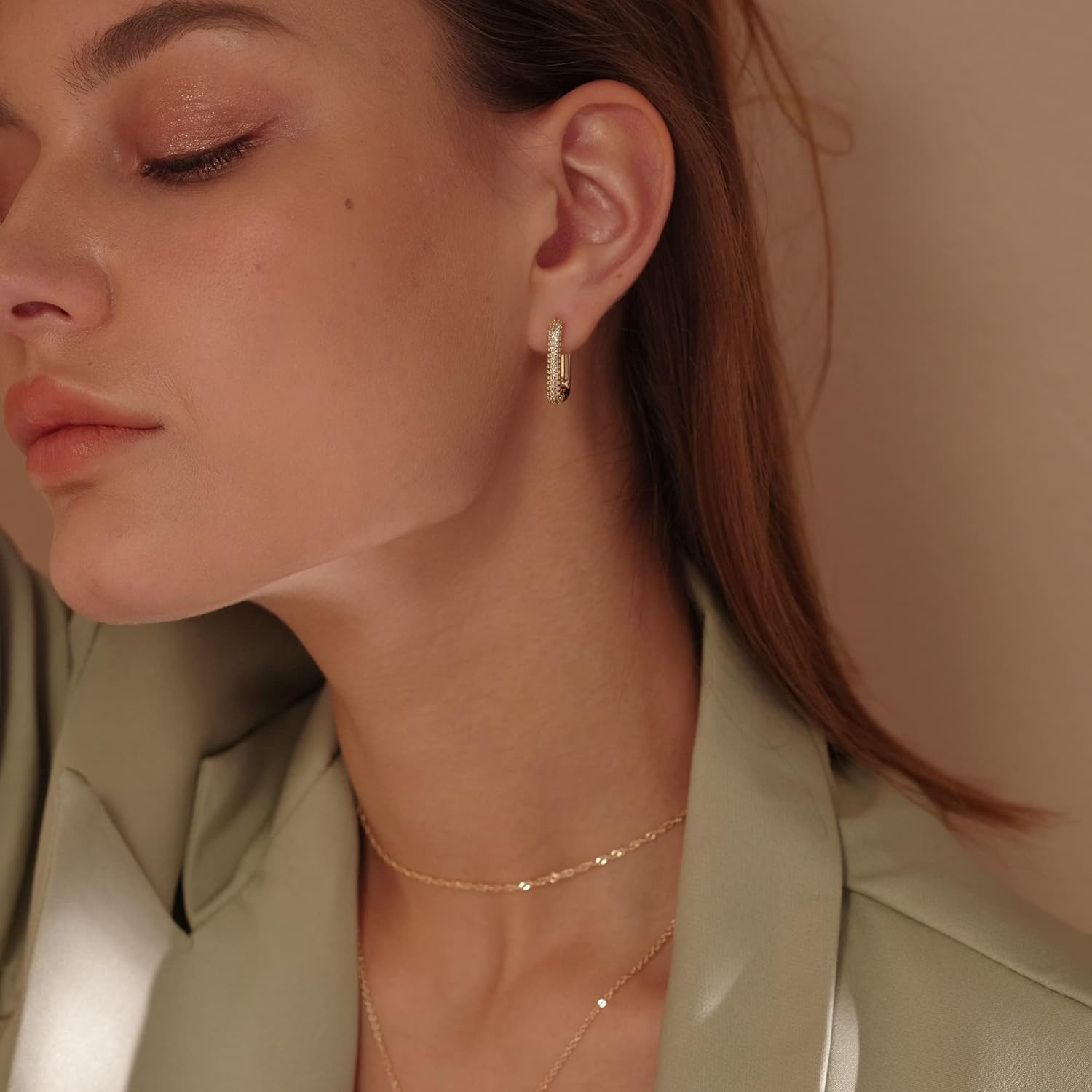 image:imageMEVECCO Gold U Shape Huggie Hoop Earrings 18K Gold Plated Dainty Cubic Zirconia Oval Huggie Earring for Women Cute minimalist Fashion Hoops Sleeper Earrings Jewelry