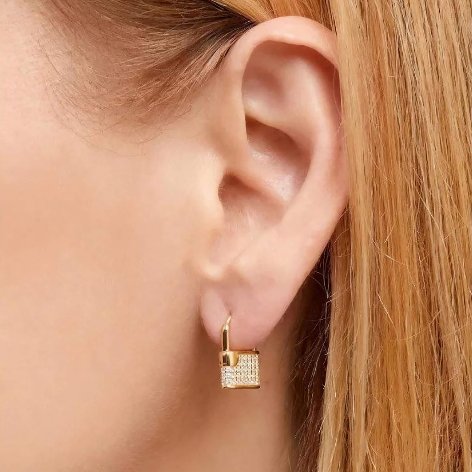 image:imageMEVECCO Lock Earrings Padlock Huggie Hoop Earrings 18K Gold Plated Dainty Micro Pave CZ Lock Dangle Charm Mini Lovers Padlock Earrings Minimalist Stacking Hoop Earrings
