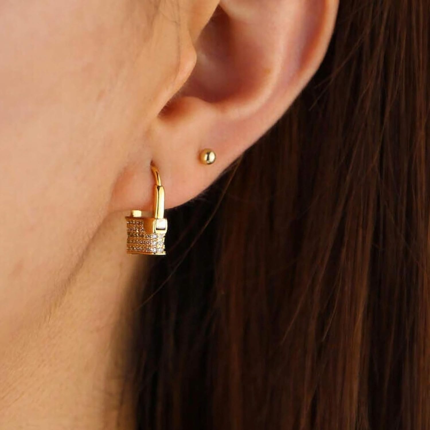 image:imageMEVECCO Lock Earrings Padlock Huggie Hoop Earrings 18K Gold Plated Dainty Micro Pave CZ Lock Dangle Charm Mini Lovers Padlock Earrings Minimalist Stacking Hoop Earrings