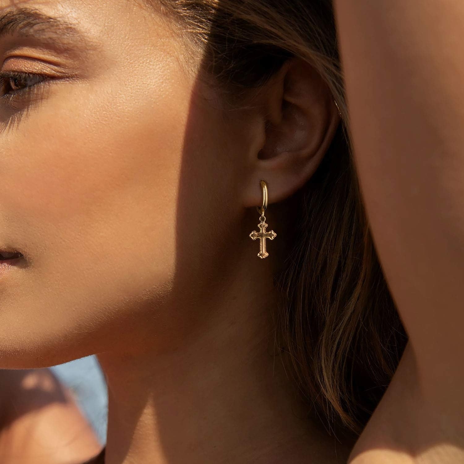 image:imageMEVECCO Tiny Cross Hoop Earrings 14K Gold Plated Dainty Minimalist Simple Faith Cross Dangle Huggie Earrings For Women Jewelry GiftLace Cross