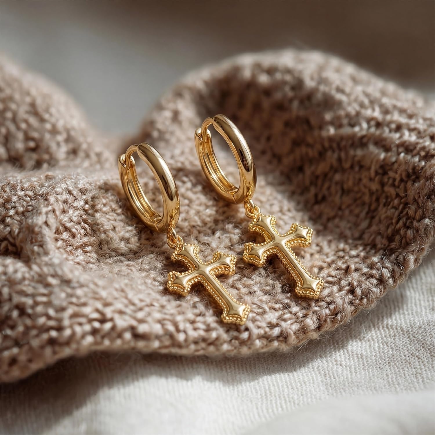 image:imageMEVECCO Tiny Cross Hoop Earrings 14K Gold Plated Dainty Minimalist Simple Faith Cross Dangle Huggie Earrings For Women Jewelry GiftLace Cross