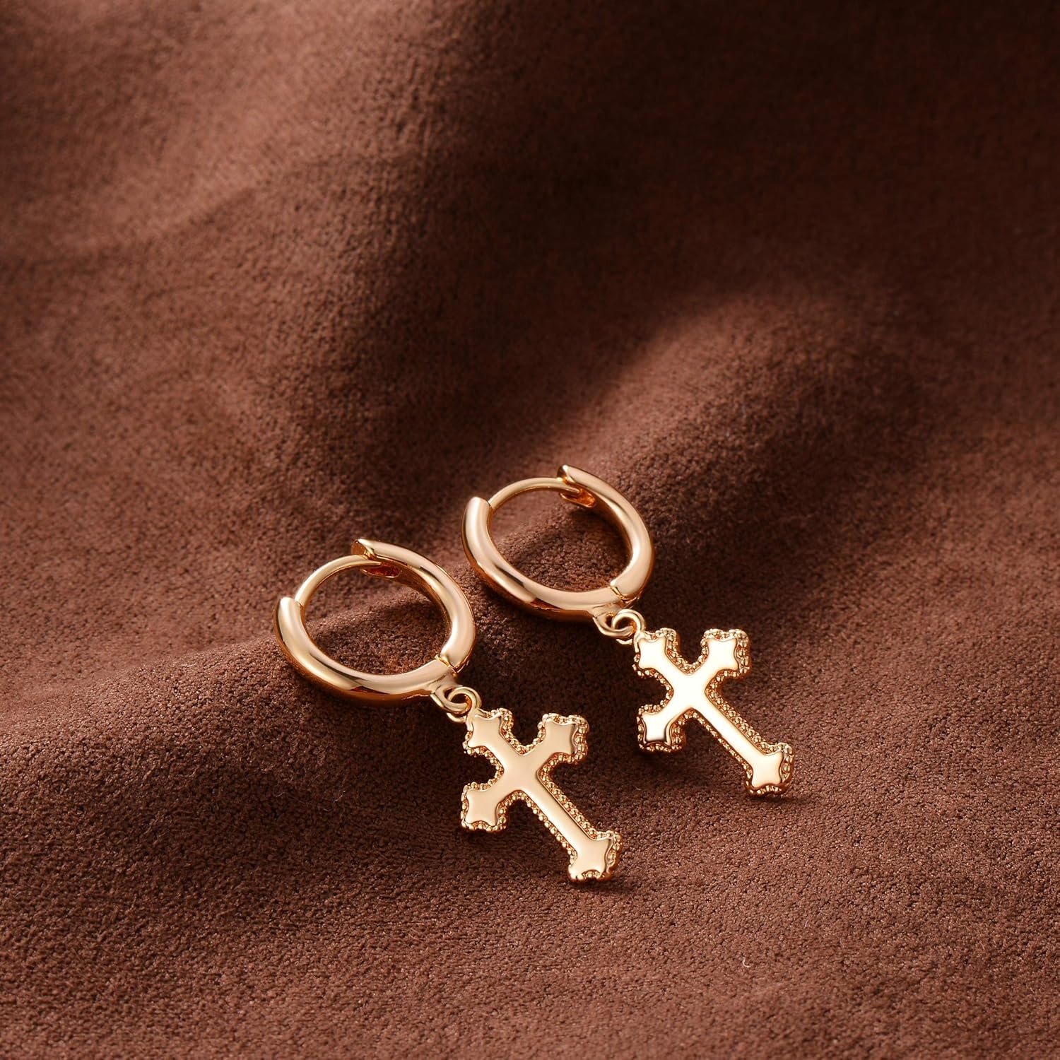 image:imageMEVECCO Tiny Cross Hoop Earrings 14K Gold Plated Dainty Minimalist Simple Faith Cross Dangle Huggie Earrings For Women Jewelry GiftLace Cross