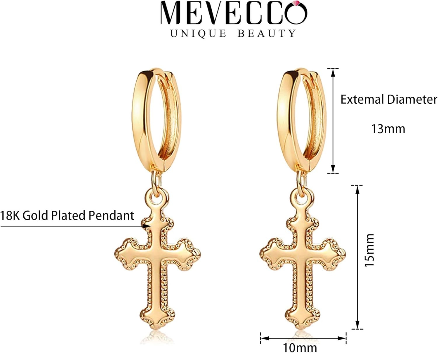 image:imageMEVECCO Tiny Cross Hoop Earrings 14K Gold Plated Dainty Minimalist Simple Faith Cross Dangle Huggie Earrings For Women Jewelry GiftLace Cross