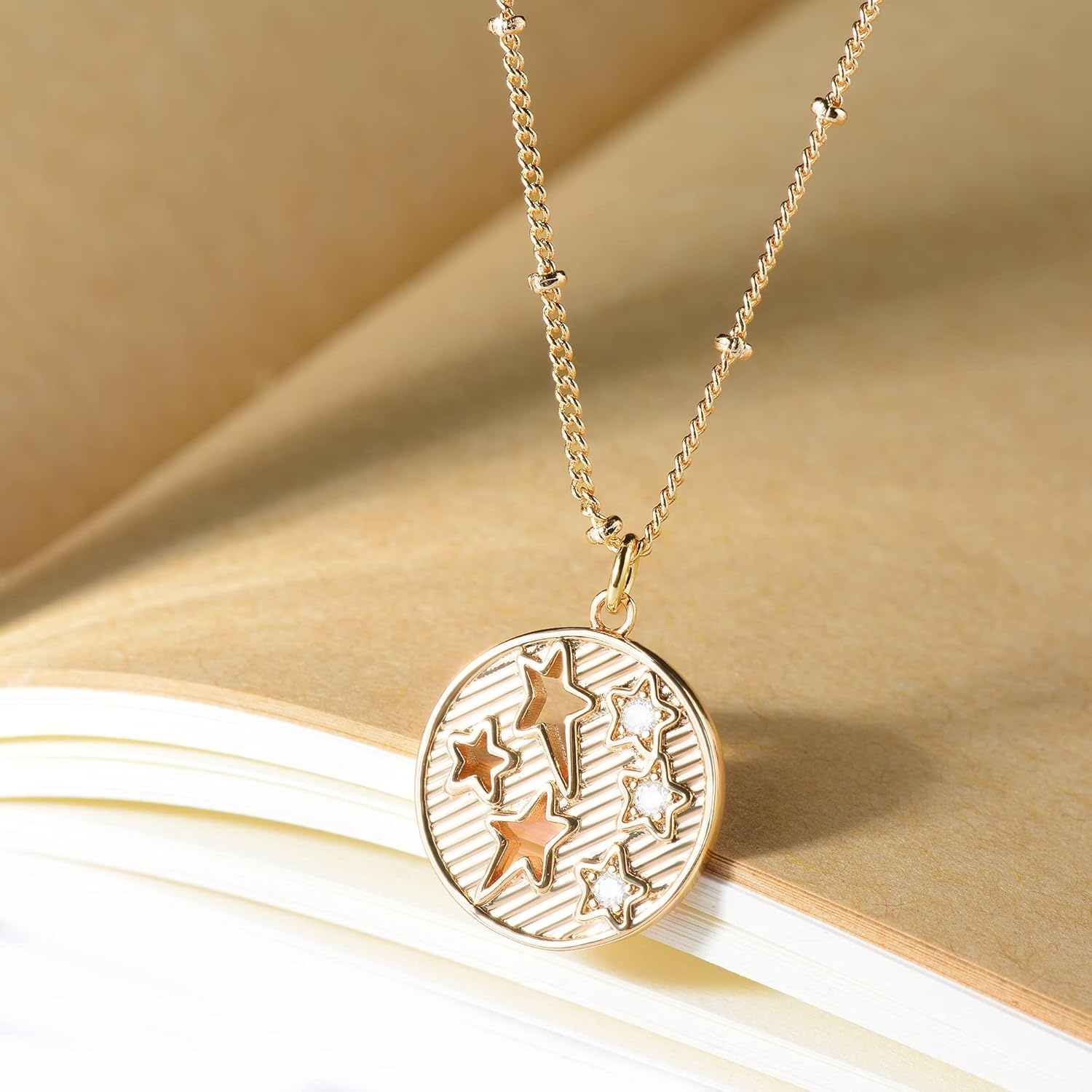 image:imageMEVECCO Women Gold Necklace Star Coin Disc Celestial Patterned Engraved Pendant 18K Gold Plated Simple Personalized Dainty Chain Jewelry Gift