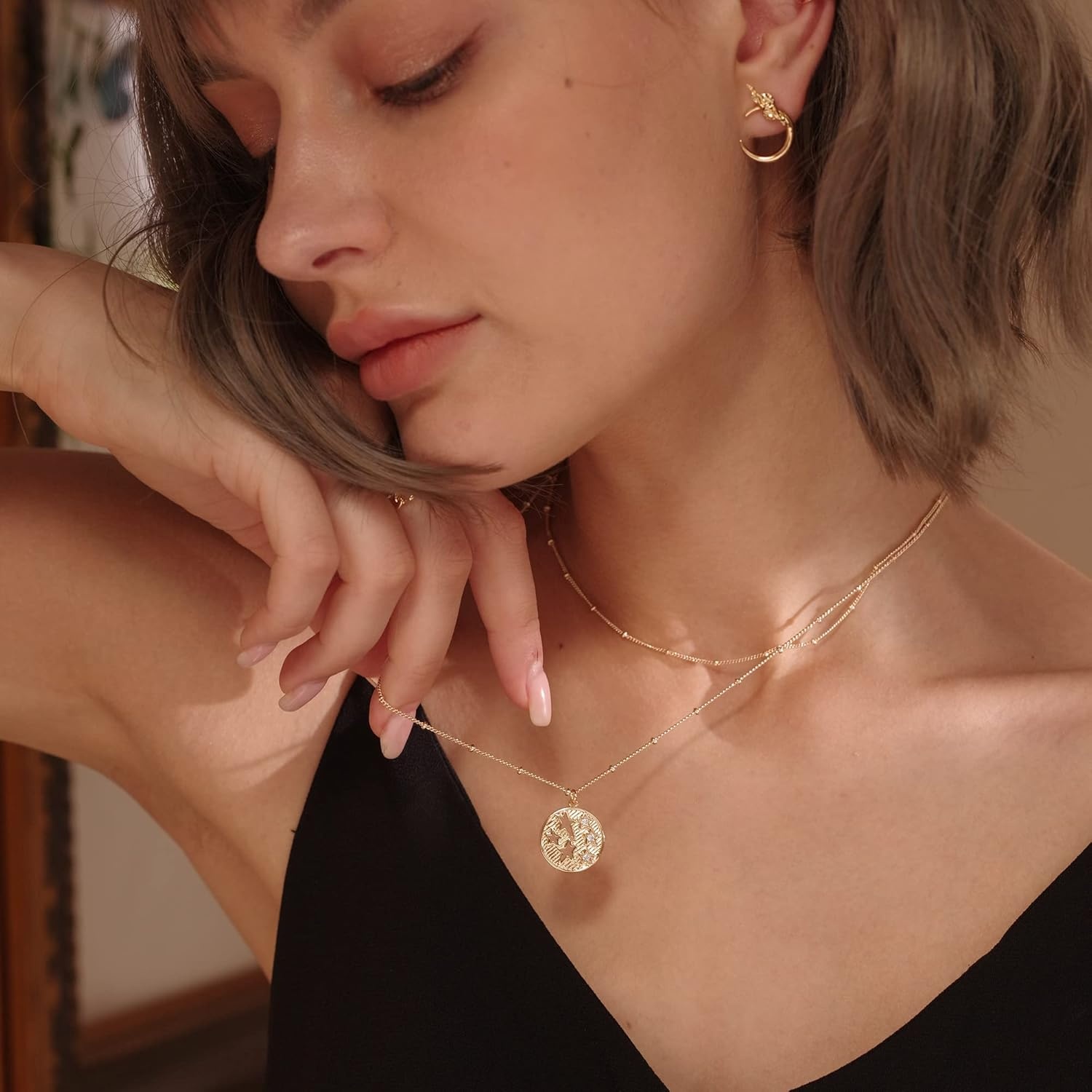 image:imageMEVECCO Women Gold Necklace Star Coin Disc Celestial Patterned Engraved Pendant 18K Gold Plated Simple Personalized Dainty Chain Jewelry Gift