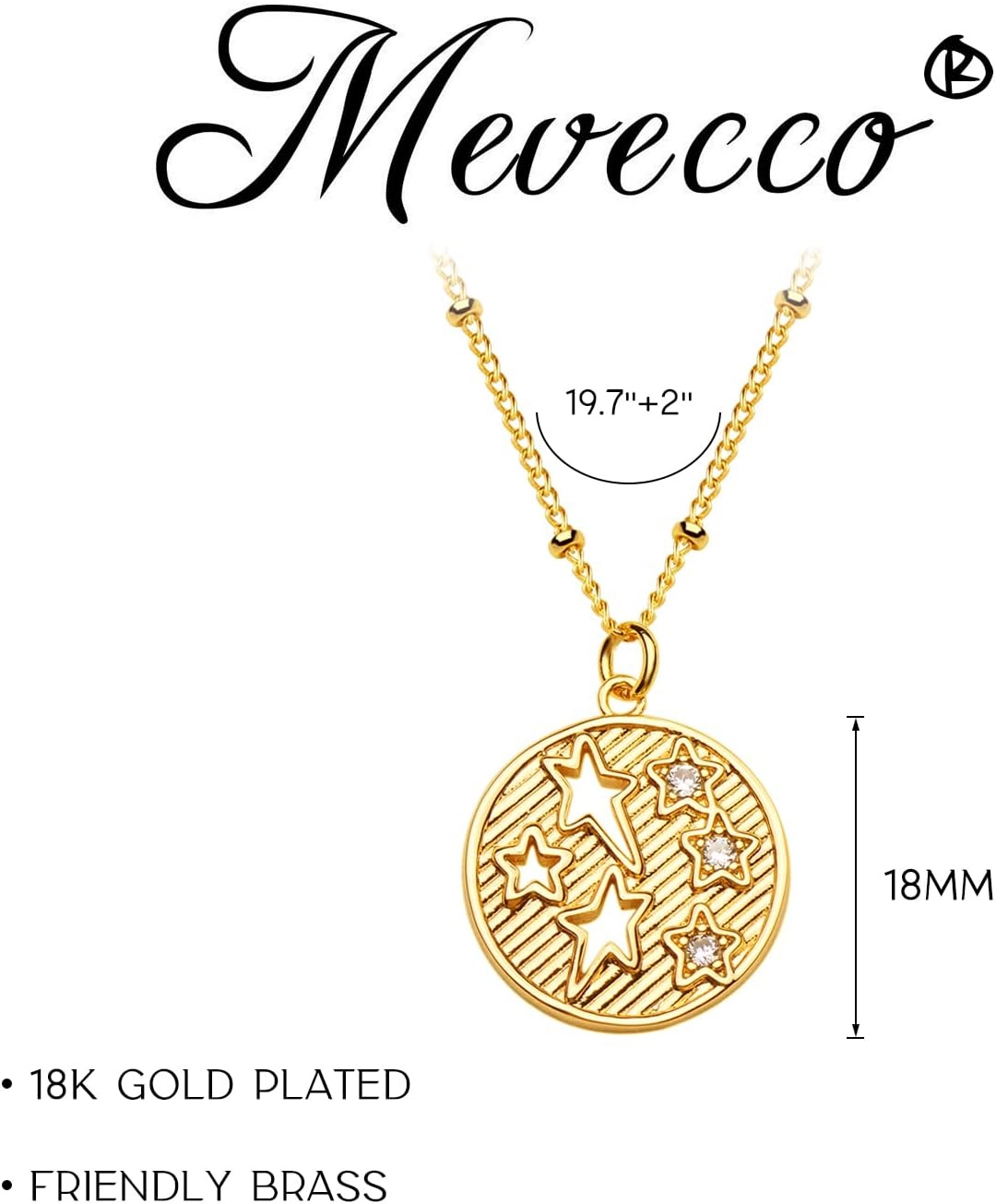 image:imageMEVECCO Women Gold Necklace Star Coin Disc Celestial Patterned Engraved Pendant 18K Gold Plated Simple Personalized Dainty Chain Jewelry Gift