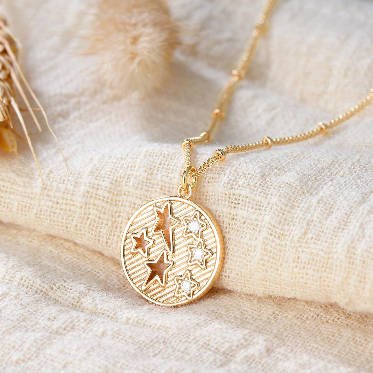 image:imageMEVECCO Women Gold Necklace Star Coin Disc Celestial Patterned Engraved Pendant 18K Gold Plated Simple Personalized Dainty Chain Jewelry Gift