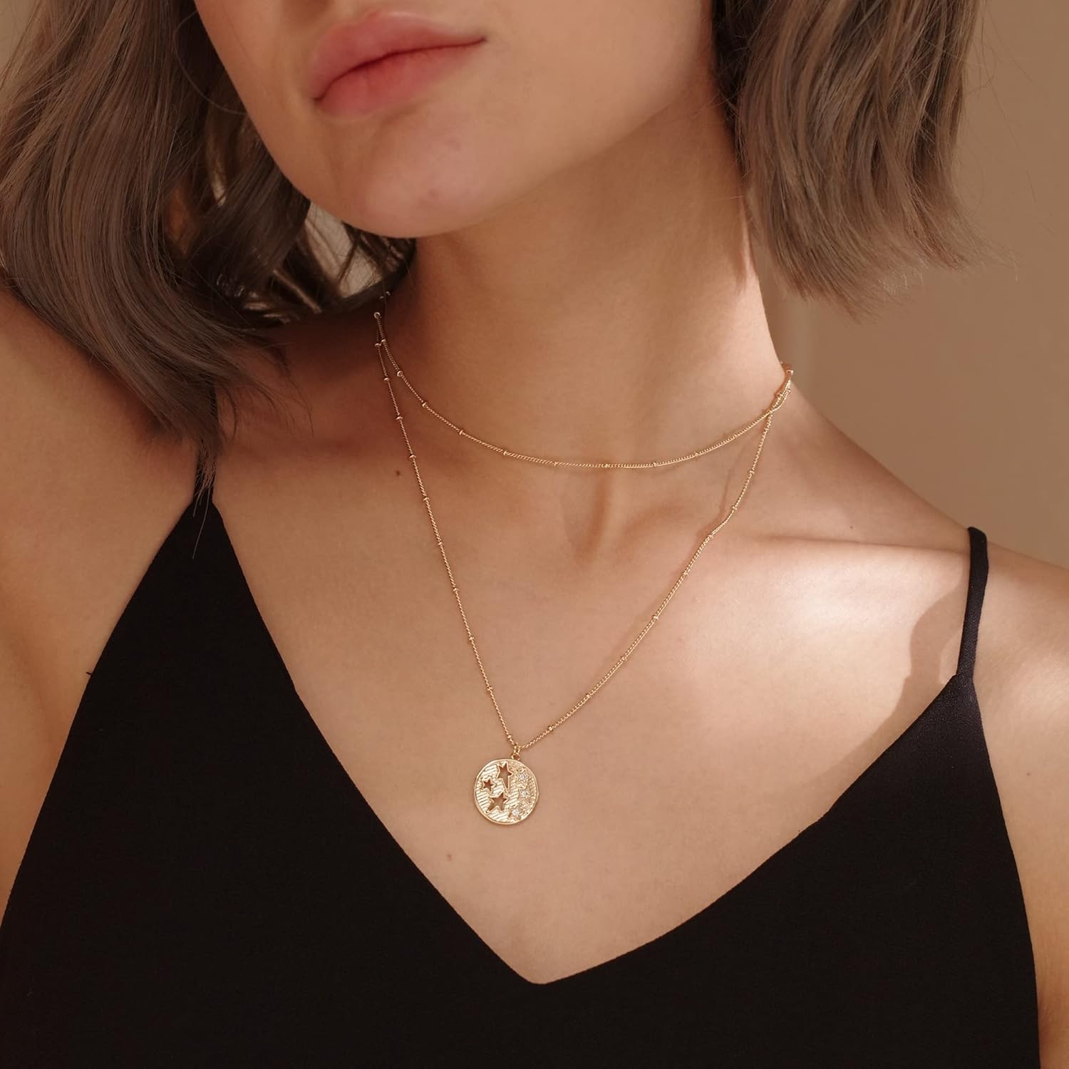 image:imageMEVECCO Women Gold Necklace Star Coin Disc Celestial Patterned Engraved Pendant 18K Gold Plated Simple Personalized Dainty Chain Jewelry Gift