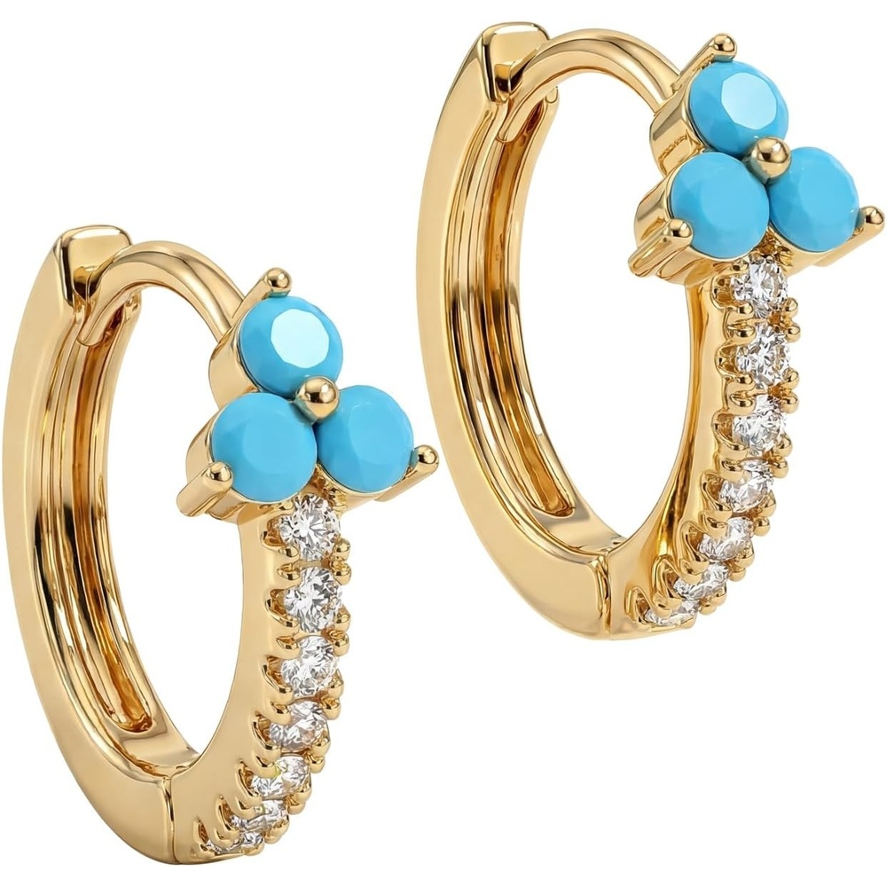 image:imageMEVECCO Gold Huggie Hoop Earrings 18K Gold Plated Turquoise Flower CZ Hoop Earrings Minimalist Handmade Earrings for Women