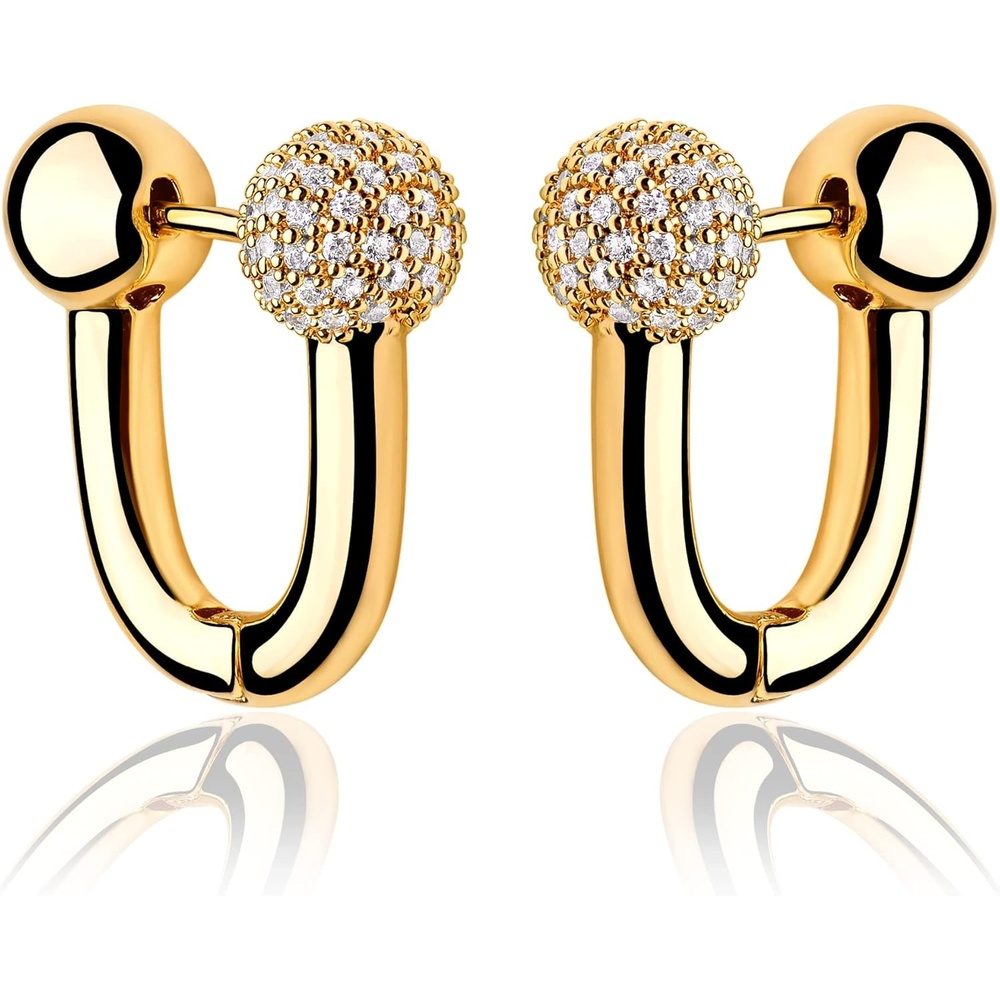 image:imageMEVECCO Gold U Huggie Hoop Earrings 18K Gold Plated Cubic Zircon Ball Hoop Earrings Minimalist Handmade Earrings for Women