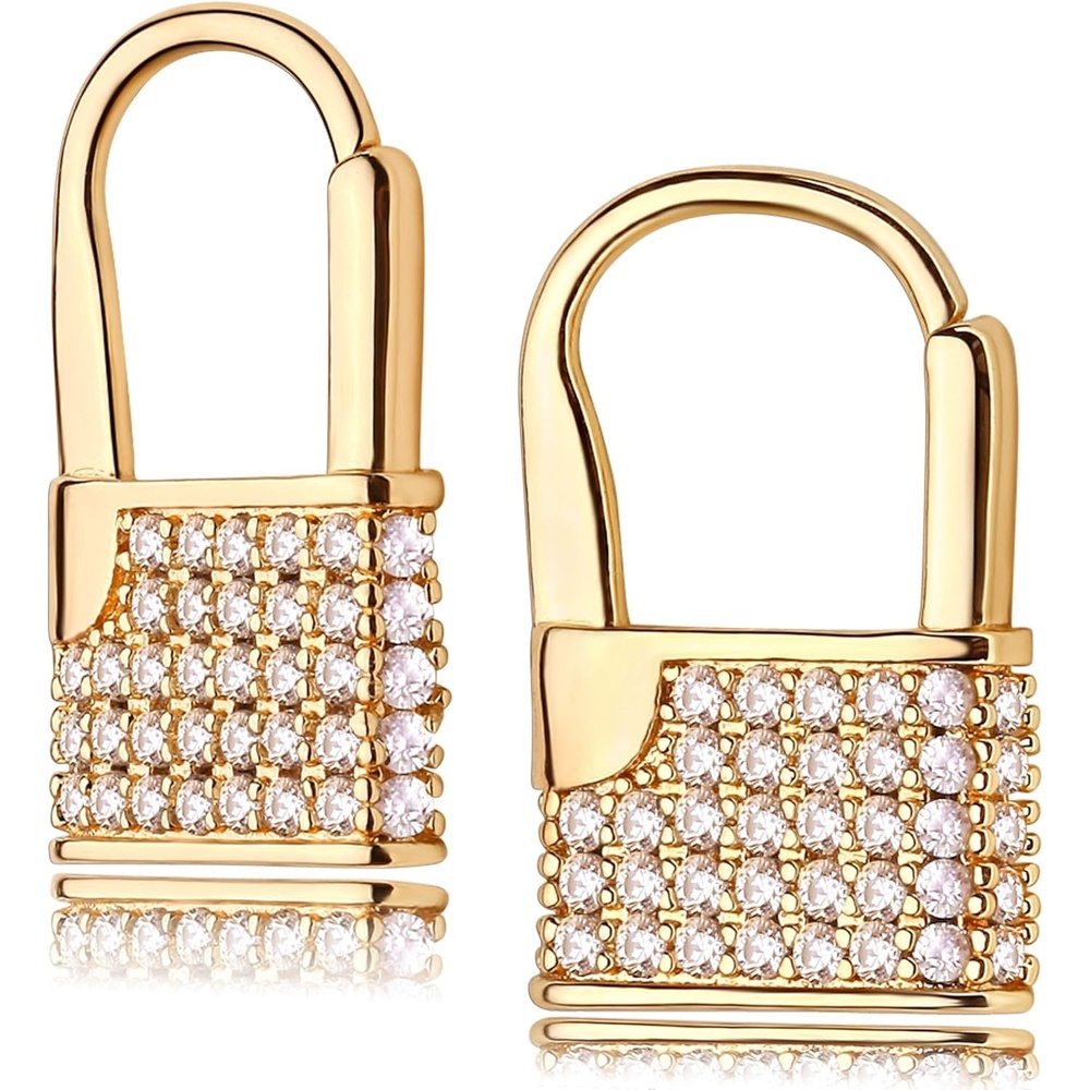 image:imageMEVECCO Lock Earrings Padlock Huggie Hoop Earrings 18K Gold Plated Dainty Micro Pave CZ Lock Dangle Charm Mini Lovers Padlock Earrings Minimalist Stacking Hoop Earrings