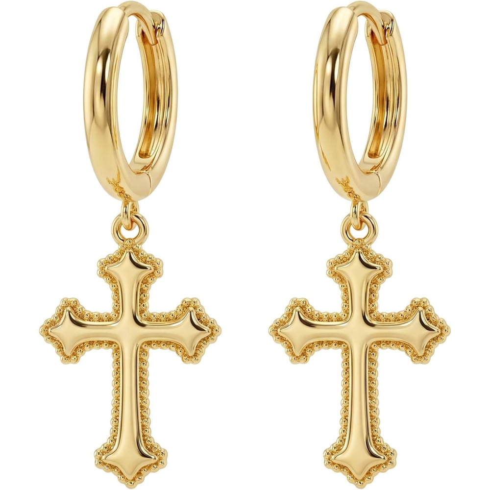 image:imageMEVECCO Tiny Cross Hoop Earrings 14K Gold Plated Dainty Minimalist Simple Faith Cross Dangle Huggie Earrings For Women Jewelry GiftLace Cross