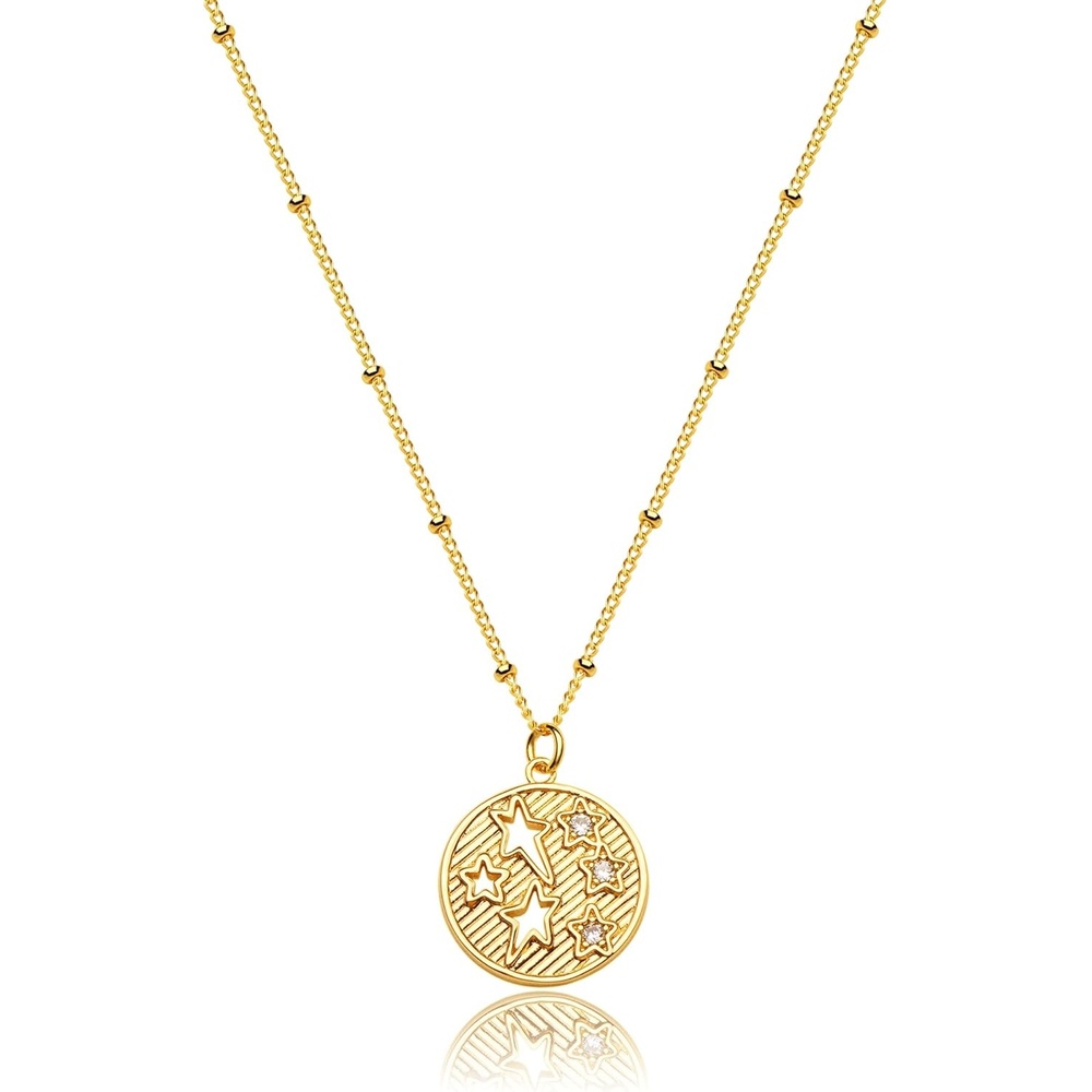 image:imageMEVECCO Women Gold Necklace Star Coin Disc Celestial Patterned Engraved Pendant 18K Gold Plated Simple Personalized Dainty Chain Jewelry Gift