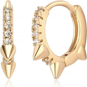 image:imageMEVECCO Dainty Gold Hoop Earrings for Women 18K Gold Plated Spike Huggie Hoop Earrings Geometry Handmade Minimalist Hypoallergenic Hoop Earrings for Her GiftsTiny CZ 3 Spike