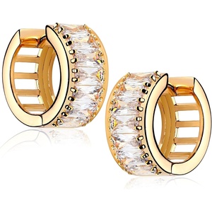image:imageMEVECCO Gold Chunky Wide Huggie Hoop Earrings 18K Gold Plated Dainty Thick Round Ear Cute Small Sleeper Mini Huggie Earring Tiny Minimalist Wide Round CZ Hoop Earrings for Women Everyday EarringDiamond