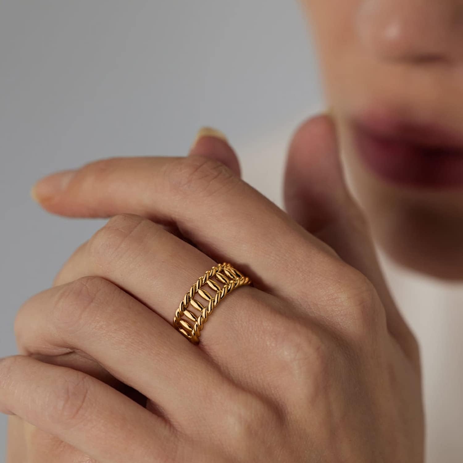 image:imageMEVECCO Gold Ring for Women 14K Gold Vacuum Plated Ring Dainty Oval Link Rings Stackable Wrap Ring Statement Ring for Her