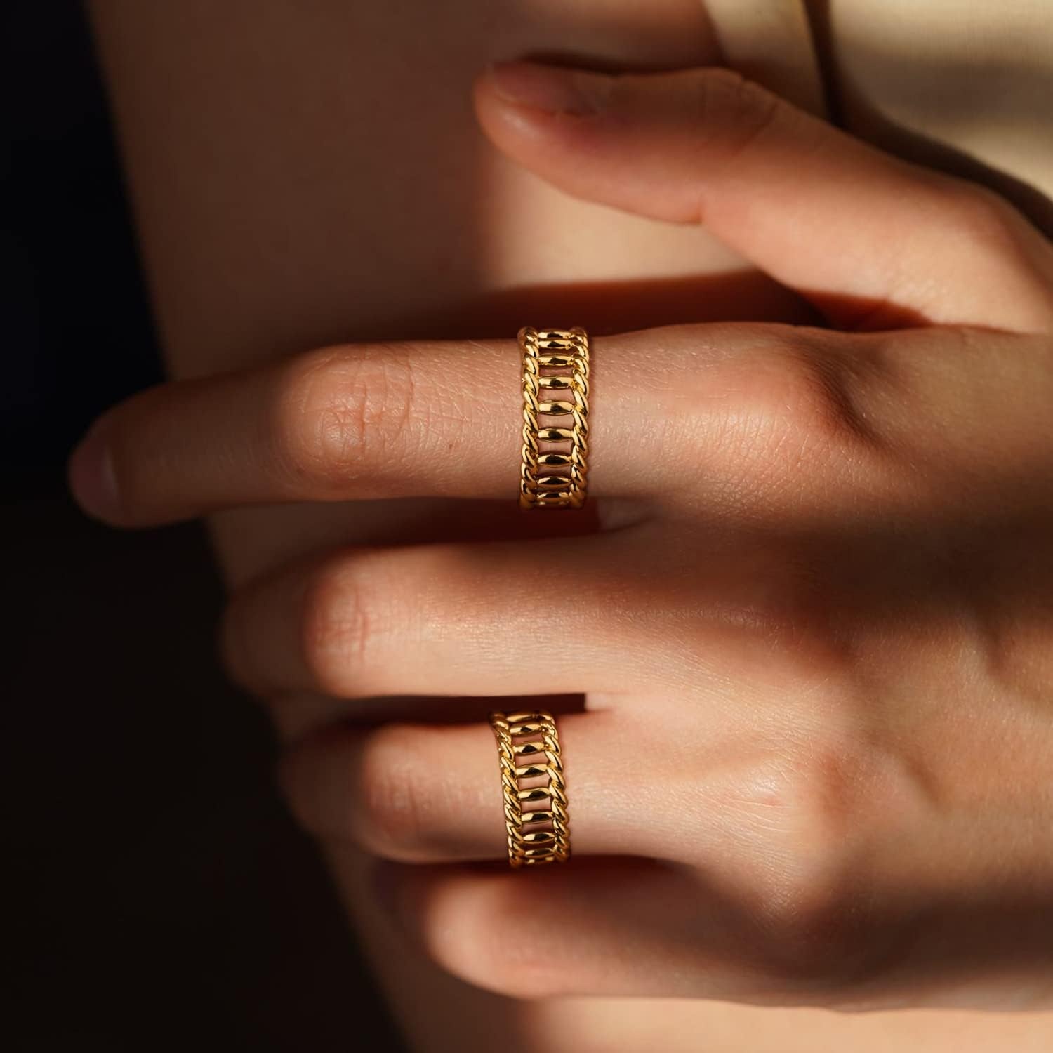 image:imageMEVECCO Gold Ring for Women 14K Gold Vacuum Plated Ring Dainty Oval Link Rings Stackable Wrap Ring Statement Ring for Her